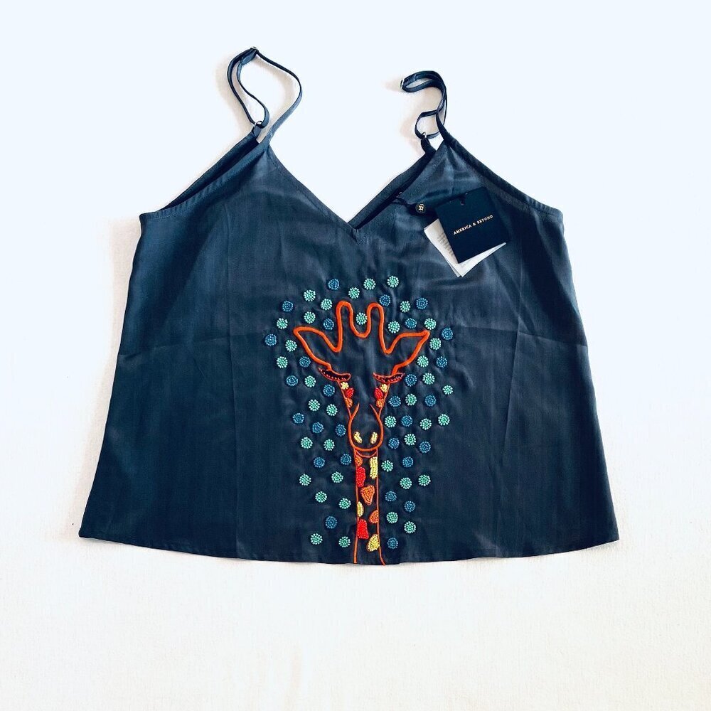 NWT America & Beyond grey giraffe tank camisole Womens Small beaded embroidered